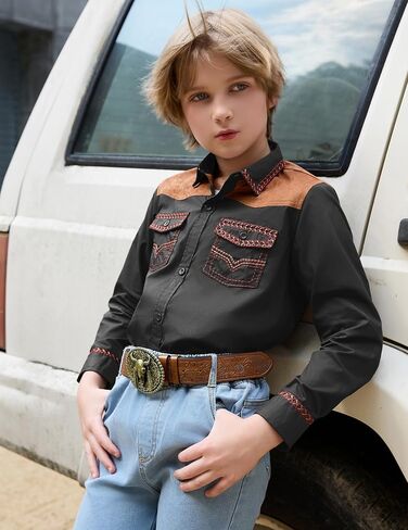 Boy's Western Cowboy Shirt Embroidered Long Sleeve Regular Fit Casual Cotton Button Down Hippie Shirts with Pockets in Kuwait