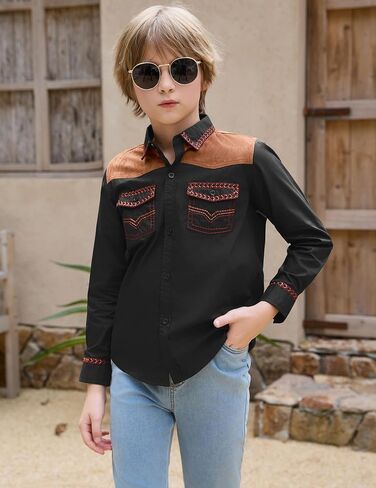 Boy's Western Cowboy Shirt Embroidered Long Sleeve Regular Fit Casual Cotton Button Down Hippie Shirts with Pockets in Kuwait
