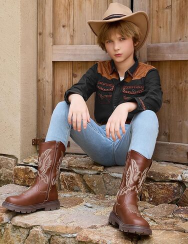 Boy's Western Cowboy Shirt Embroidered Long Sleeve Regular Fit Casual Cotton Button Down Hippie Shirts with Pockets in Kuwait
