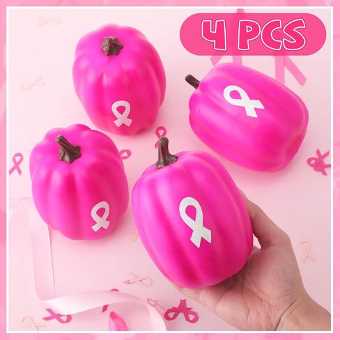 4 Pcs Breast Cancer Awareness Decorations Artificial Pumpkins Bulk Rose Red Faux Foam Pumpkins with Pink Ribbon Pattern for Fall Halloween Table Centerpieces Breast Cancer Party Decor in Saudi Arabia