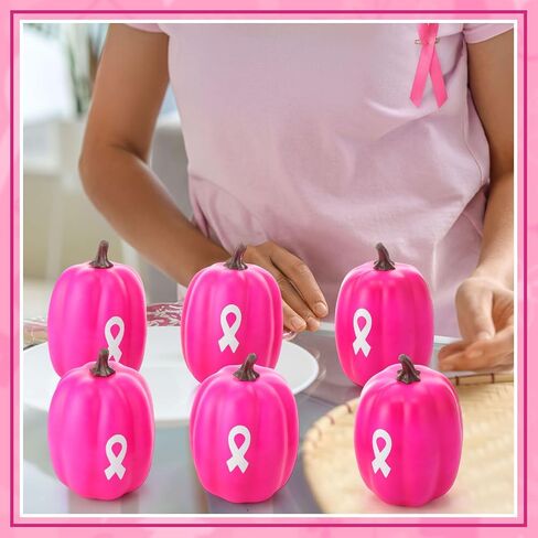 4 Pcs Breast Cancer Awareness Decorations Artificial Pumpkins Bulk Rose Red Faux Foam Pumpkins with Pink Ribbon Pattern for Fall Halloween Table Centerpieces Breast Cancer Party Decor in Saudi Arabia