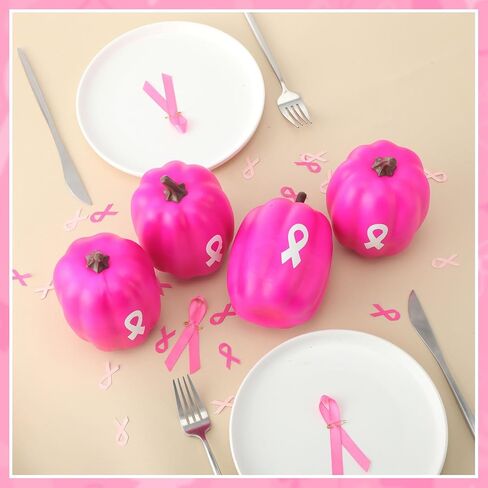 4 Pcs Breast Cancer Awareness Decorations Artificial Pumpkins Bulk Rose Red Faux Foam Pumpkins with Pink Ribbon Pattern for Fall Halloween Table Centerpieces Breast Cancer Party Decor in Saudi Arabia
