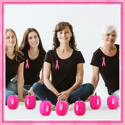 4 Pcs Breast Cancer Awareness Decorations Artificial Pumpkins Bulk Rose Red Faux Foam Pumpkins with Pink Ribbon Pattern for Fall Halloween Table Centerpieces Breast Cancer Party Decor in Saudi Arabia