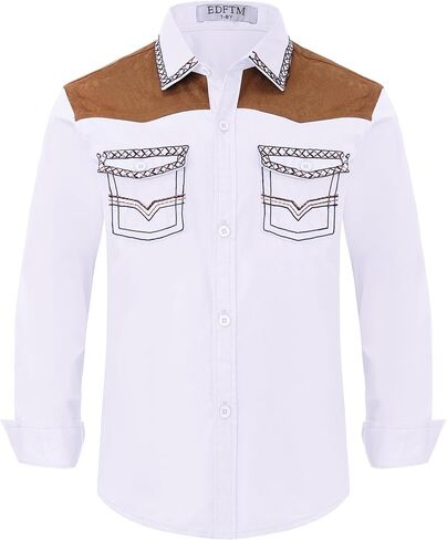 Boy's Western Cowboy Shirt Embroidered Long Sleeve Regular Fit Casual Cotton Button Down Hippie Shirts with Pockets in Kuwait