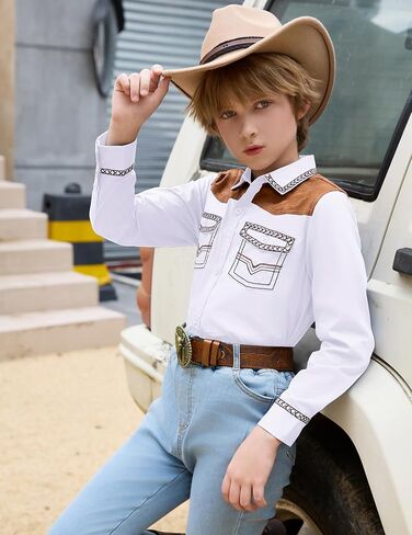Boy's Western Cowboy Shirt Embroidered Long Sleeve Regular Fit Casual Cotton Button Down Hippie Shirts with Pockets in Kuwait
