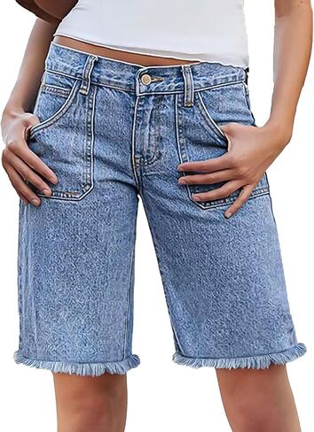 Flamingals Women's Mid Rise Straight Leg Denim Bermuda Shorts Raw Hem Trendy with Flap Pockets in Saudi Arabia