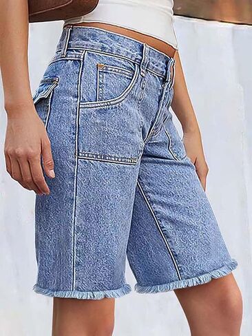 Flamingals Women's Mid Rise Straight Leg Denim Bermuda Shorts Raw Hem Trendy with Flap Pockets in Saudi Arabia