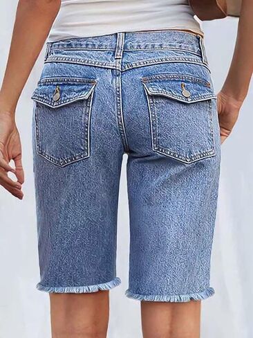 Flamingals Women's Mid Rise Straight Leg Denim Bermuda Shorts Raw Hem Trendy with Flap Pockets in Saudi Arabia