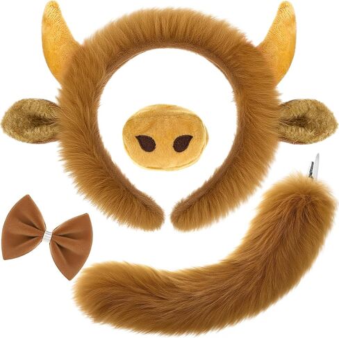 Janinka Halloween Highland Cow Costume for Kid Aldult with Bull Horn Headband Tail Nose Bow Tie for Halloween Cosplay Party in Saudi Arabia