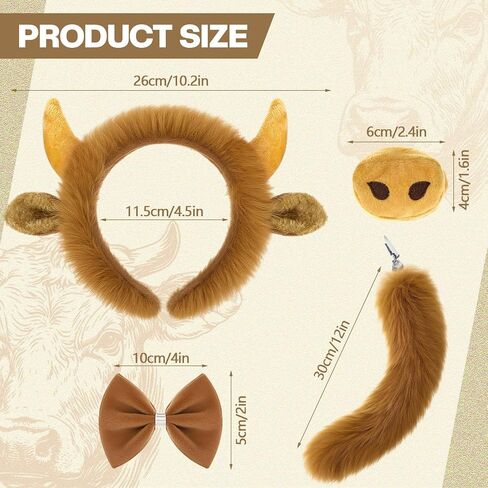 Janinka Halloween Highland Cow Costume for Kid Aldult with Bull Horn Headband Tail Nose Bow Tie for Halloween Cosplay Party in Saudi Arabia