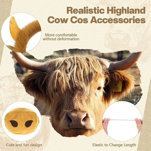 Janinka Halloween Highland Cow Costume for Kid Aldult with Bull Horn Headband Tail Nose Bow Tie for Halloween Cosplay Party in Saudi Arabia