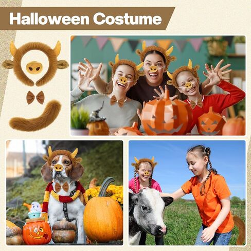Janinka Halloween Highland Cow Costume for Kid Aldult with Bull Horn Headband Tail Nose Bow Tie for Halloween Cosplay Party in Saudi Arabia