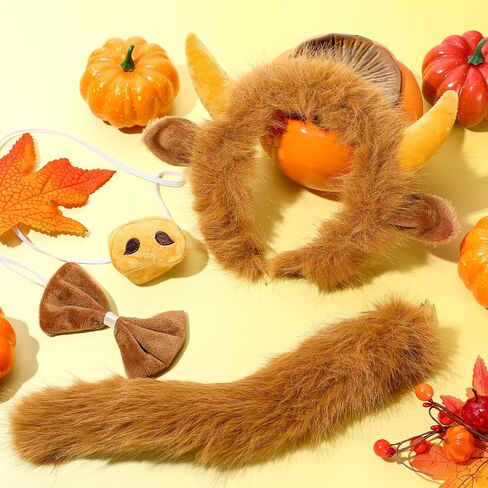 Janinka Halloween Highland Cow Costume for Kid Aldult with Bull Horn Headband Tail Nose Bow Tie for Halloween Cosplay Party in Saudi Arabia