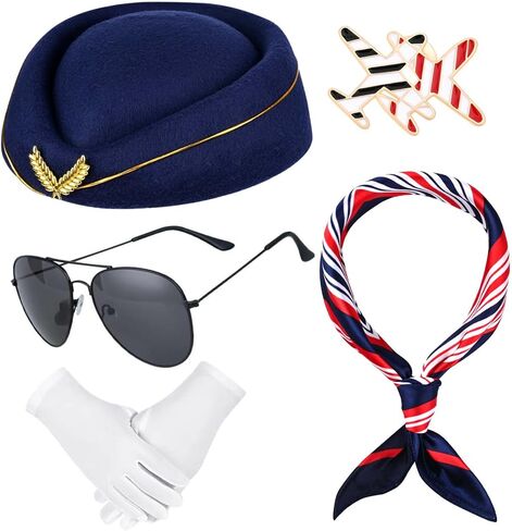 5 Pcs Halloween Women Flight Attendant Costume Include Stewardess Hat Sunglasses Scarf Gloves and Pins in Saudi Arabia