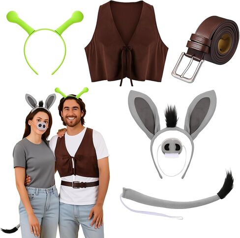 6 Pcs Halloween Monster Costume Set for Adult Donkey Monster Cosplay Green Hair Hoop Adjustable Vest Belt Grey Headband Nose Tail Accessories Party Carnival Role Play Outfit in Saudi Arabia