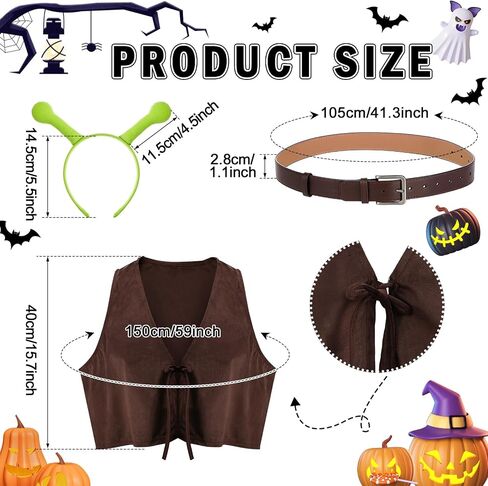 6 Pcs Halloween Monster Costume Set for Adult Donkey Monster Cosplay Green Hair Hoop Adjustable Vest Belt Grey Headband Nose Tail Accessories Party Carnival Role Play Outfit in Saudi Arabia