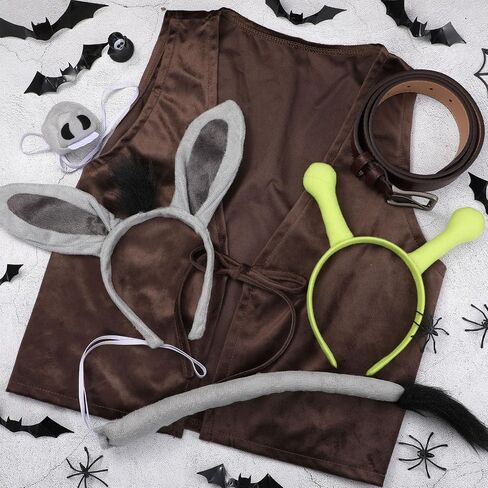 6 Pcs Halloween Monster Costume Set for Adult Donkey Monster Cosplay Green Hair Hoop Adjustable Vest Belt Grey Headband Nose Tail Accessories Party Carnival Role Play Outfit in Saudi Arabia