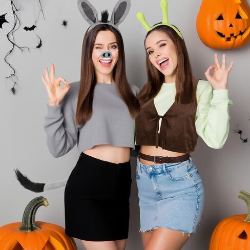 6 Pcs Halloween Monster Costume Set for Adult Donkey Monster Cosplay Green Hair Hoop Adjustable Vest Belt Grey Headband Nose Tail Accessories Party Carnival Role Play Outfit in Saudi Arabia