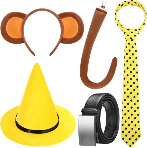 5 Pcs Halloween Couple Costume Include Yellow Hat,Dots Tie,Belt,Monkey Headband and Tail for Men Women Party Cosplay in Saudi Arabia