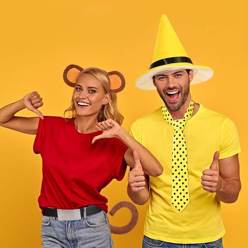 5 Pcs Halloween Couple Costume Include Yellow Hat,Dots Tie,Belt,Monkey Headband and Tail for Men Women Party Cosplay in Saudi Arabia