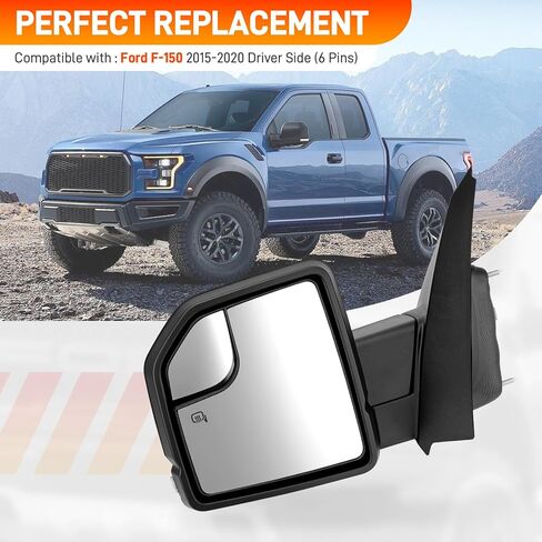 Left Driver Side 6 Pins Rear View Door Mirror Assembly Compatible with 2015-2020 Ford F-150 with Power Heated Turn Signal Light Blind Spot Glass Replace# FL3Z-17683-CC, FL3Z-17683-CB, FL3Z-17683-CA in Kuwait