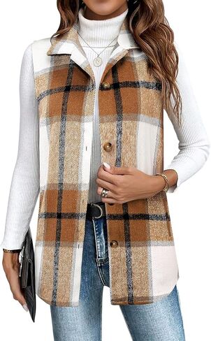 Zeagoo Plaid Vest for Womens Casual Sleeveless Flannel Jackets Lapel Button Down Shirts with Pockets 2025 Fall Clothes in Saudi Arabia