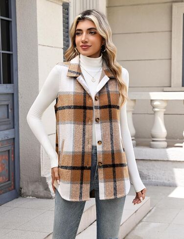 Zeagoo Plaid Vest for Womens Casual Sleeveless Flannel Jackets Lapel Button Down Shirts with Pockets 2025 Fall Clothes in Saudi Arabia