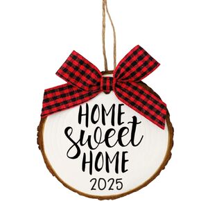New Home 2023 Wood Slice Christmas Ornament (Gift Box Included) (White, Red Buffalo Check Bow) in Saudi Arabia