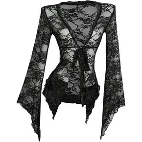 Milumia Women's Sexy Lace Bell Long Sleeve Tie Front Cardigan Sheer Mesh Y2K Rave Tops Black Small in Saudi Arabia
