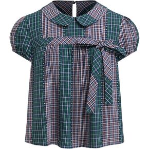 CIDER Plaid Blouse Women's Shirts Check Bowknot Collar Oversized Short Sleeve Peter Pan Collar Blouse in Saudi Arabia