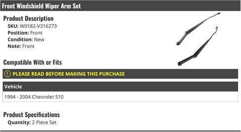 Front Windshield Wiper Arm 2 Piece Set - Compatible with 1994-2004 Chevy S10 in Saudi Arabia