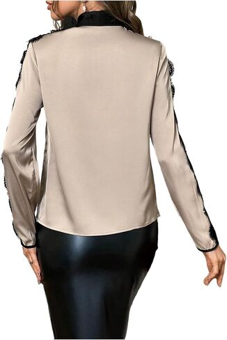 SweatyRocks Women's Lace Patchwork Bow Tie Neck Button Down Blouses Long Sleeve Business Dressy Casual Ladies Tops in Saudi Arabia
