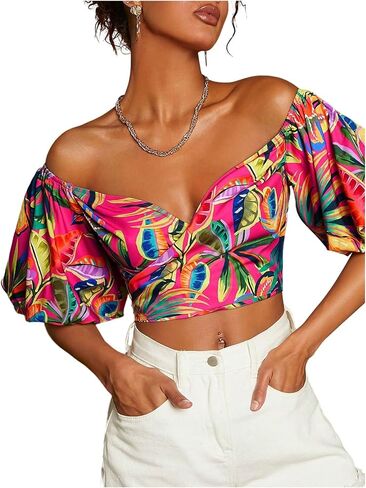 SweatyRocks Women's Off Shoulder Vacation Tops Boho Tropical Print Bishop Short Sleeve Crop Blouses in Saudi Arabia
