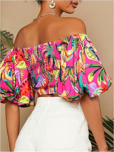 SweatyRocks Women's Off Shoulder Vacation Tops Boho Tropical Print Bishop Short Sleeve Crop Blouses in Saudi Arabia