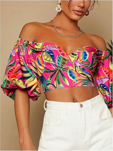 SweatyRocks Women's Off Shoulder Vacation Tops Boho Tropical Print Bishop Short Sleeve Crop Blouses in Saudi Arabia