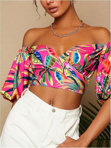 SweatyRocks Women's Off Shoulder Vacation Tops Boho Tropical Print Bishop Short Sleeve Crop Blouses in Saudi Arabia