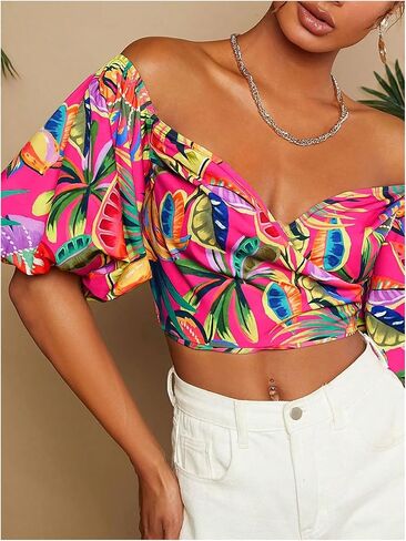 SweatyRocks Women's Off Shoulder Vacation Tops Boho Tropical Print Bishop Short Sleeve Crop Blouses in Saudi Arabia
