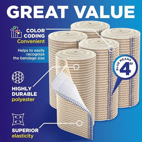 Premium Elastic Bandage Wrap - 6" (2pk) - Strong Compression - Self-Closing Reusable Bandages for Legs, Knee, Abdomen, Lymphedema - Body Wrap in Saudi Arabia