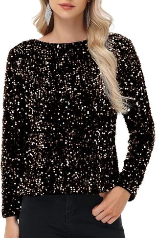 Anna-Kaci Women's Sequin Tops Sparkly Long Sleeve Glitter Evening Party Concert Shirt Blouse in Saudi Arabia