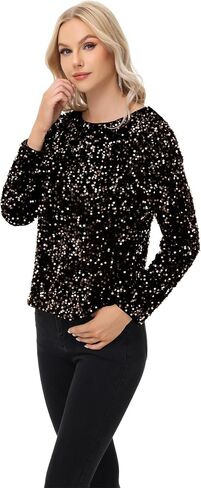 Anna-Kaci Women's Sequin Tops Sparkly Long Sleeve Glitter Evening Party Concert Shirt Blouse in Saudi Arabia