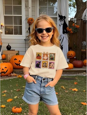 Halloween Shirts for Kids Girls Ghost Pumpkin Face Graphic T-Shirt Spooky Season Funny Print Short Sleeve Tee Tops in Saudi Arabia