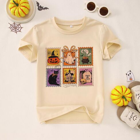 Halloween Shirts for Kids Girls Ghost Pumpkin Face Graphic T-Shirt Spooky Season Funny Print Short Sleeve Tee Tops in Saudi Arabia