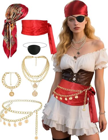 Pirate Accessories Women Pirate Costume Set with Head Scarf Necklace Chain Belt Halloween Cosplay Party Outfit Red in Saudi Arabia