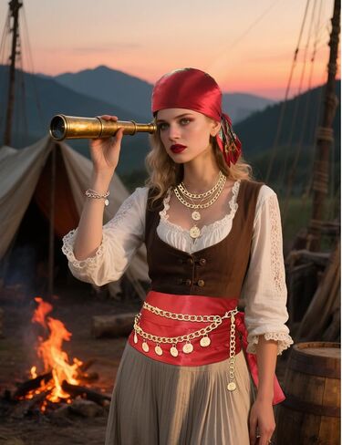 Pirate Accessories Women Pirate Costume Set with Head Scarf Necklace Chain Belt Halloween Cosplay Party Outfit Red in Saudi Arabia
