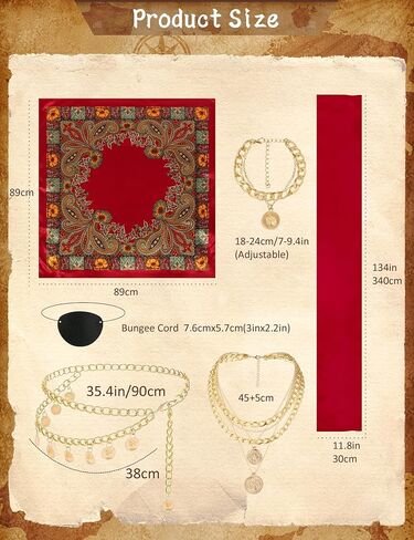 Pirate Accessories Women Pirate Costume Set with Head Scarf Necklace Chain Belt Halloween Cosplay Party Outfit Red in Saudi Arabia