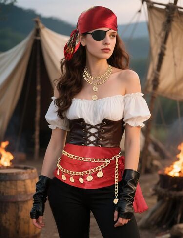 Pirate Accessories Women Pirate Costume Set with Head Scarf Necklace Chain Belt Halloween Cosplay Party Outfit Red in Saudi Arabia