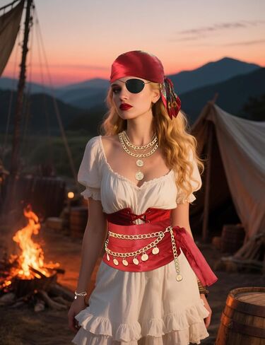 Pirate Accessories Women Pirate Costume Set with Head Scarf Necklace Chain Belt Halloween Cosplay Party Outfit Red in Saudi Arabia