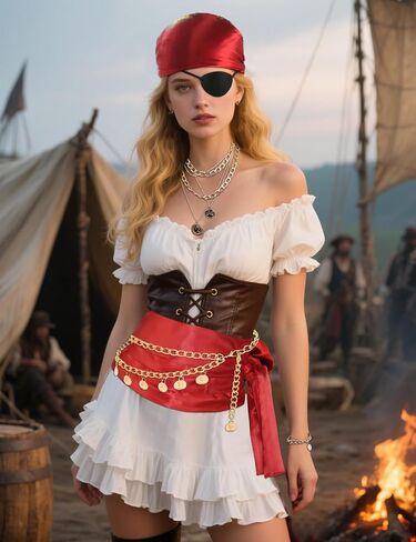 Pirate Accessories Women Pirate Costume Set with Head Scarf Necklace Chain Belt Halloween Cosplay Party Outfit Red in Saudi Arabia