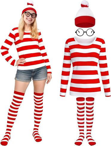 Halloween Costume for Women - 4 Pcs Red and White Striped Shirt Beanie Cap Socks Glasses for Halloween Cosplay in Kuwait