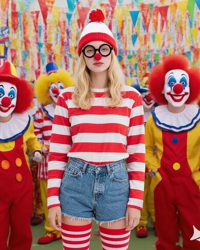 Halloween Costume for Women - 4 Pcs Red and White Striped Shirt Beanie Cap Socks Glasses for Halloween Cosplay in Kuwait